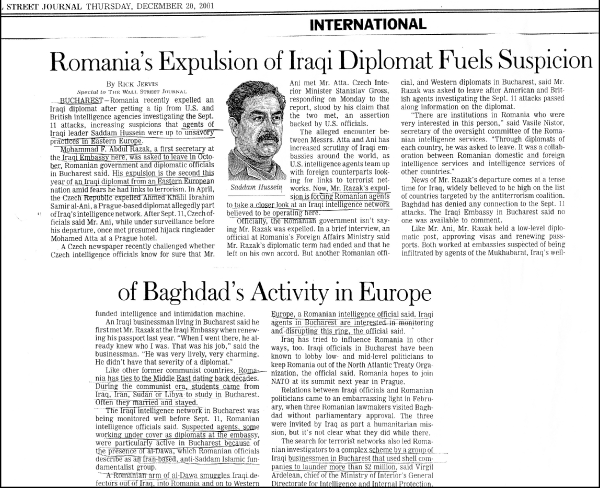 Wall Street Journal Article discussing Romania's Expulsion of Iraqi Diplomat